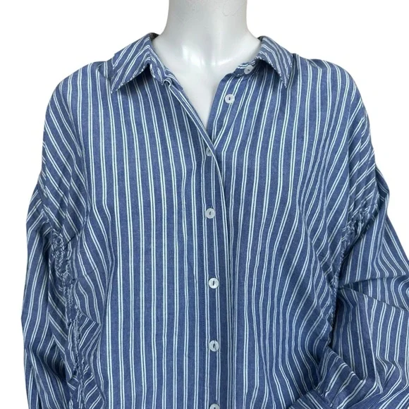 Anthropologie Pilcro Reworked Ruched Blue Pin Striped Button Down Shirt Medium - Picture 3 of 11